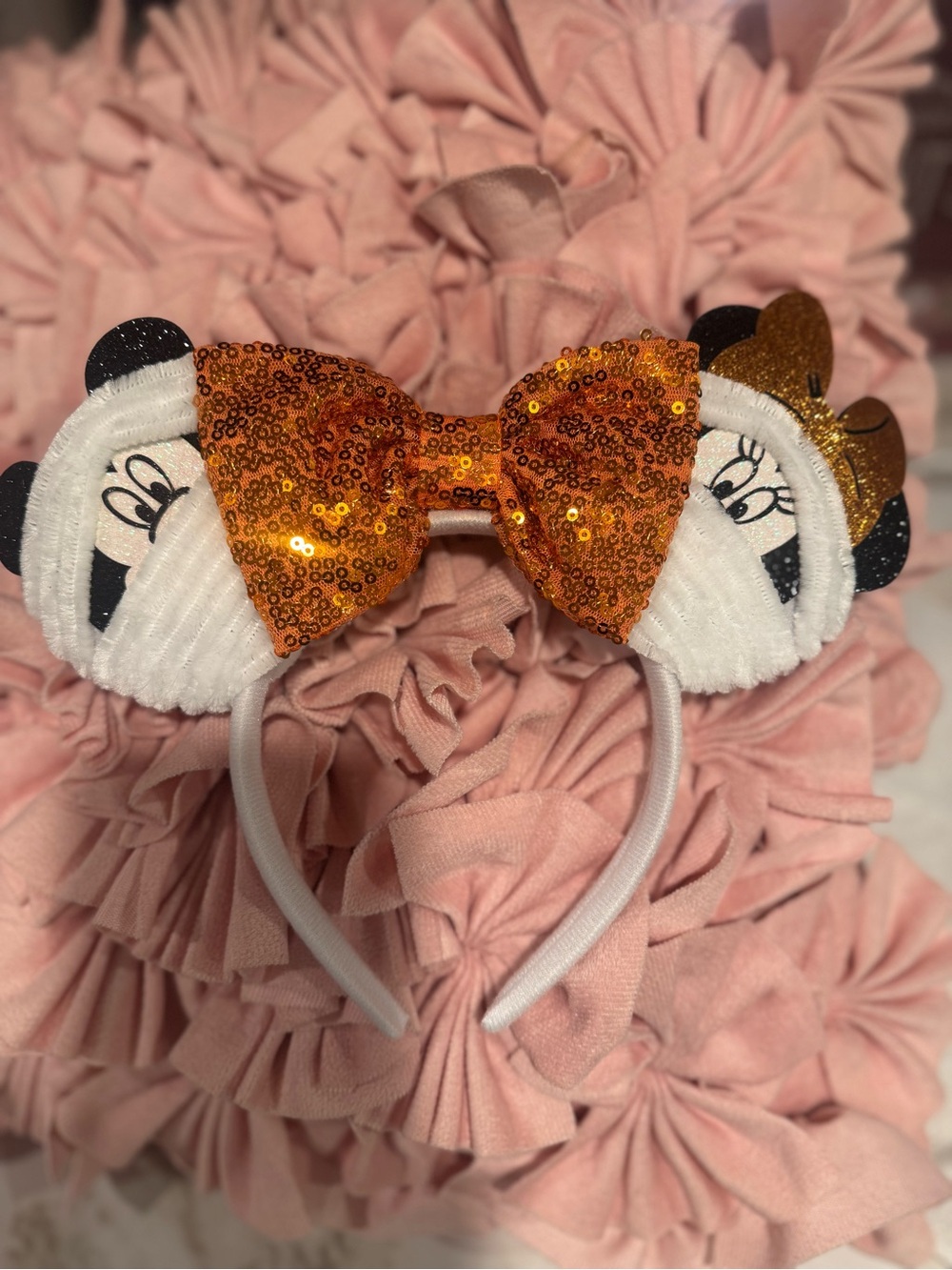 Sequin Bow Halloween Mouse Ear Headband - Orange & White